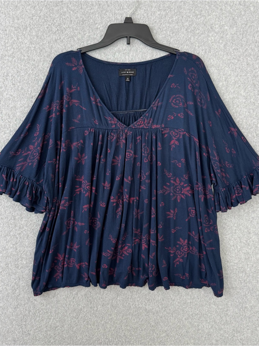 Lucky Brand Boho Top Blue Red Floral Plus Size 2X V Neck Hippie Gypsy Peasant